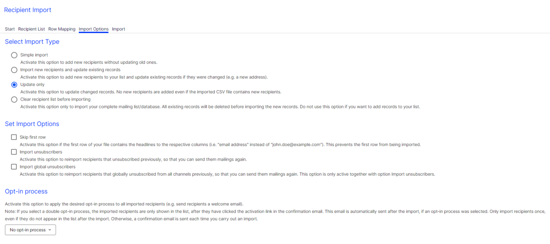 Bild: Importoptionen