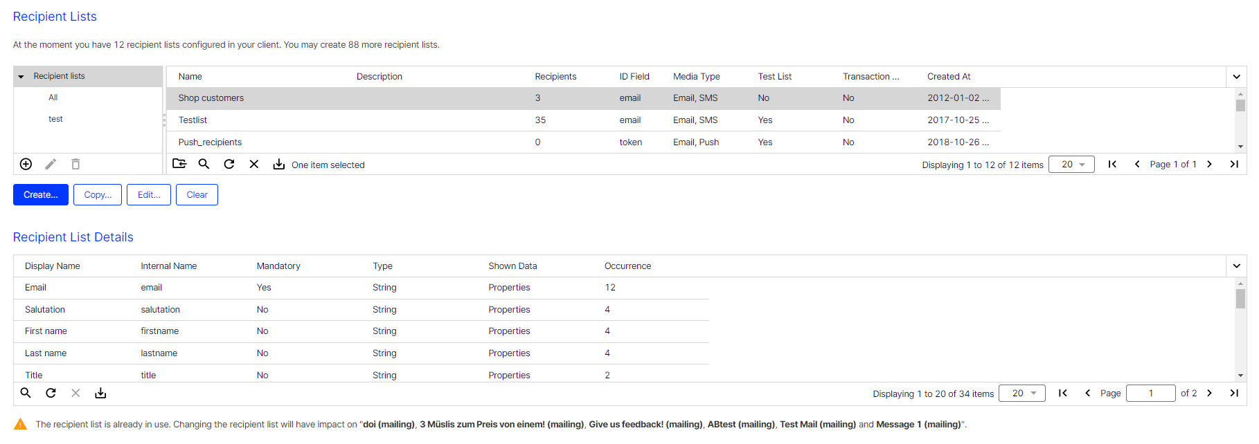 Bild: Empfängerlistenübersicht