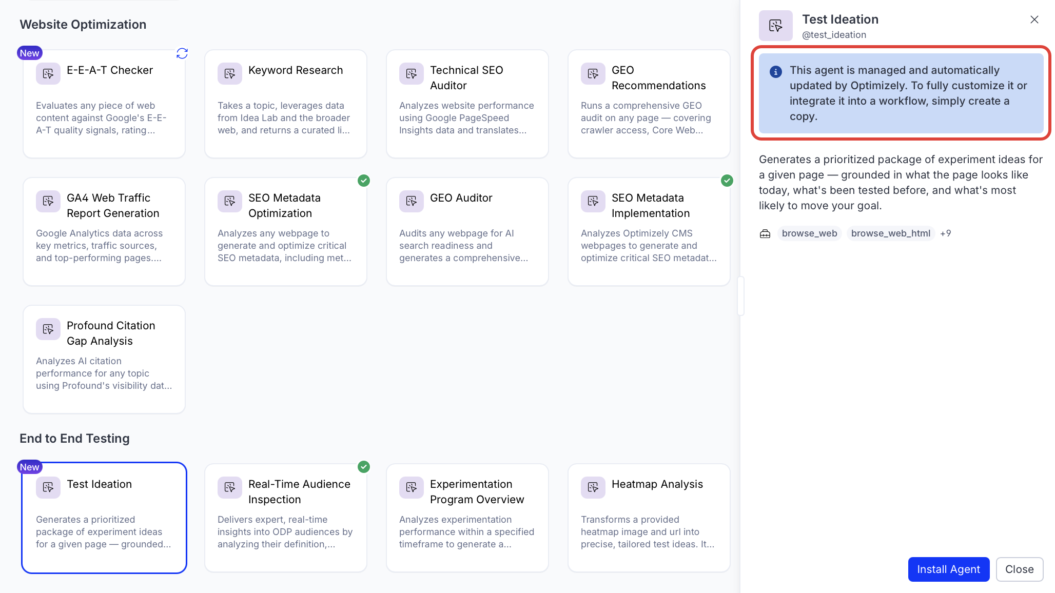 Optimizely-managed agent alert in the Agent Directory