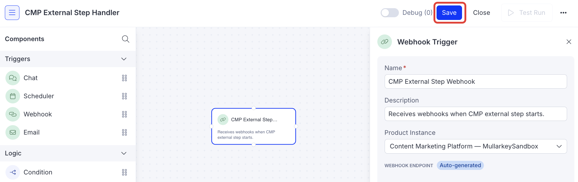Screenshot of the Opal workflow agent editor with the Save button highlighted in the top toolbar