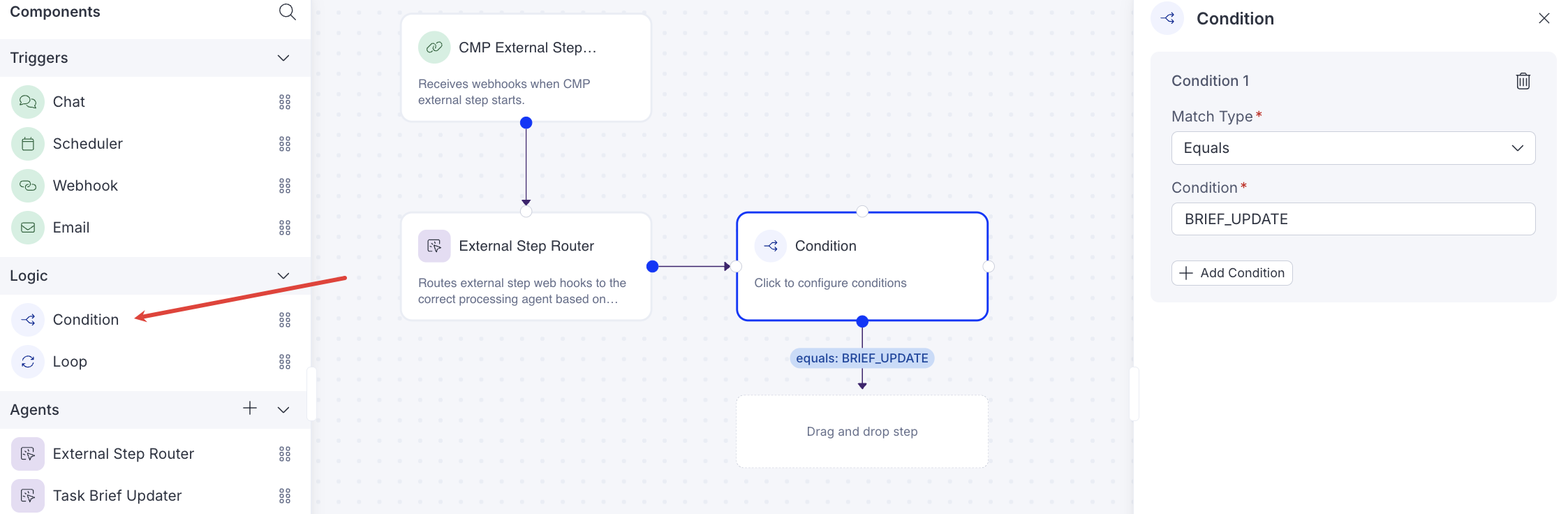 Screenshot of the Opal Condition editor showing Match Type set to Equals and Matching Condition set to BRIEF_UPDATE