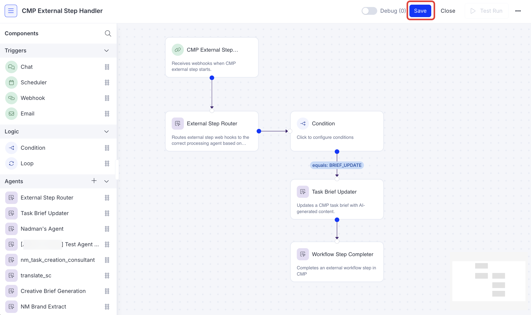 Screenshot of the completed Opal workflow agent canvas showing the full agent chain: CMP External Step Handler webhook connected to External Step Router, then to a Condition, then to Task Brief Updater, and finally to Workflow Step Completer