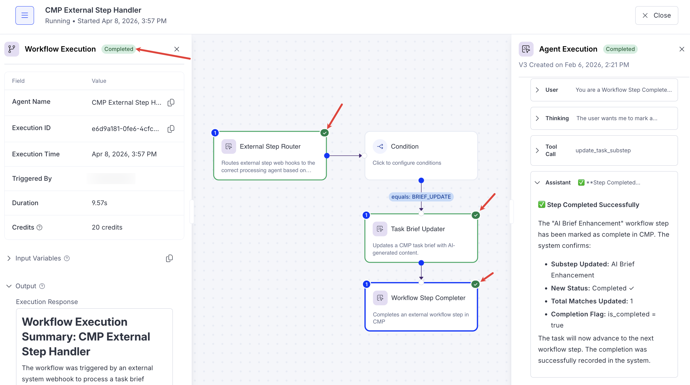 Screenshot of Opal Workflow Logs showing the CMP External Step Handler execution with Completed status displayed