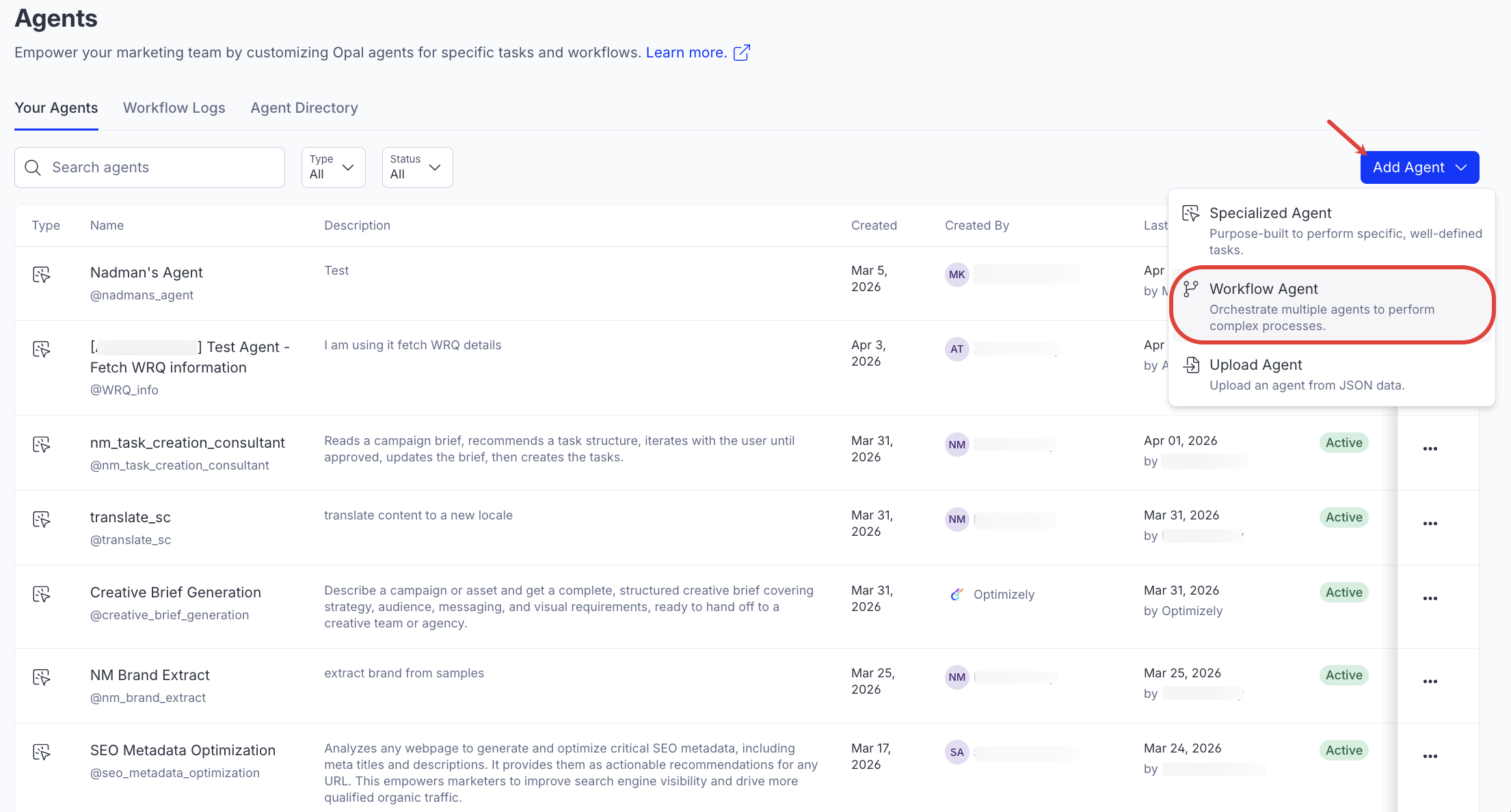 Screenshot of the Opal Agents page showing the Add Agent menu expanded with Workflow Agent highlighted