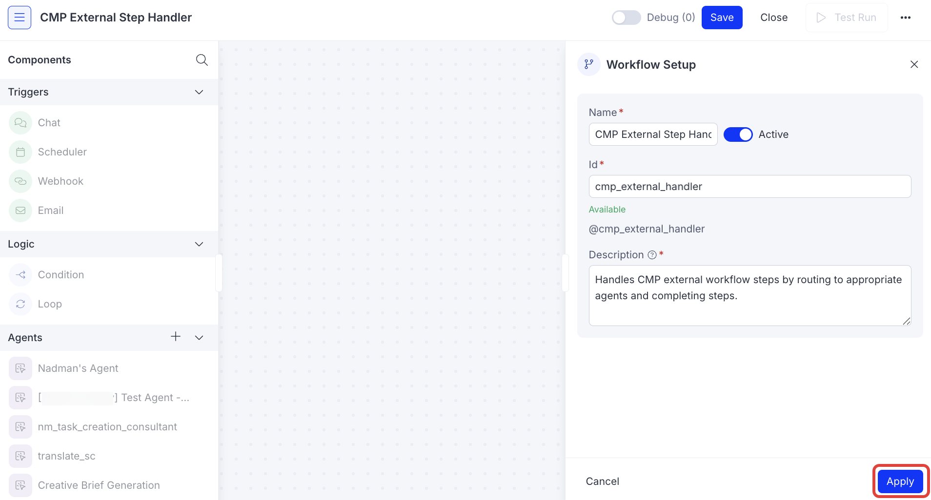 Screenshot of the Opal workflow agent configuration panel with Name, Id, and Description fields completed