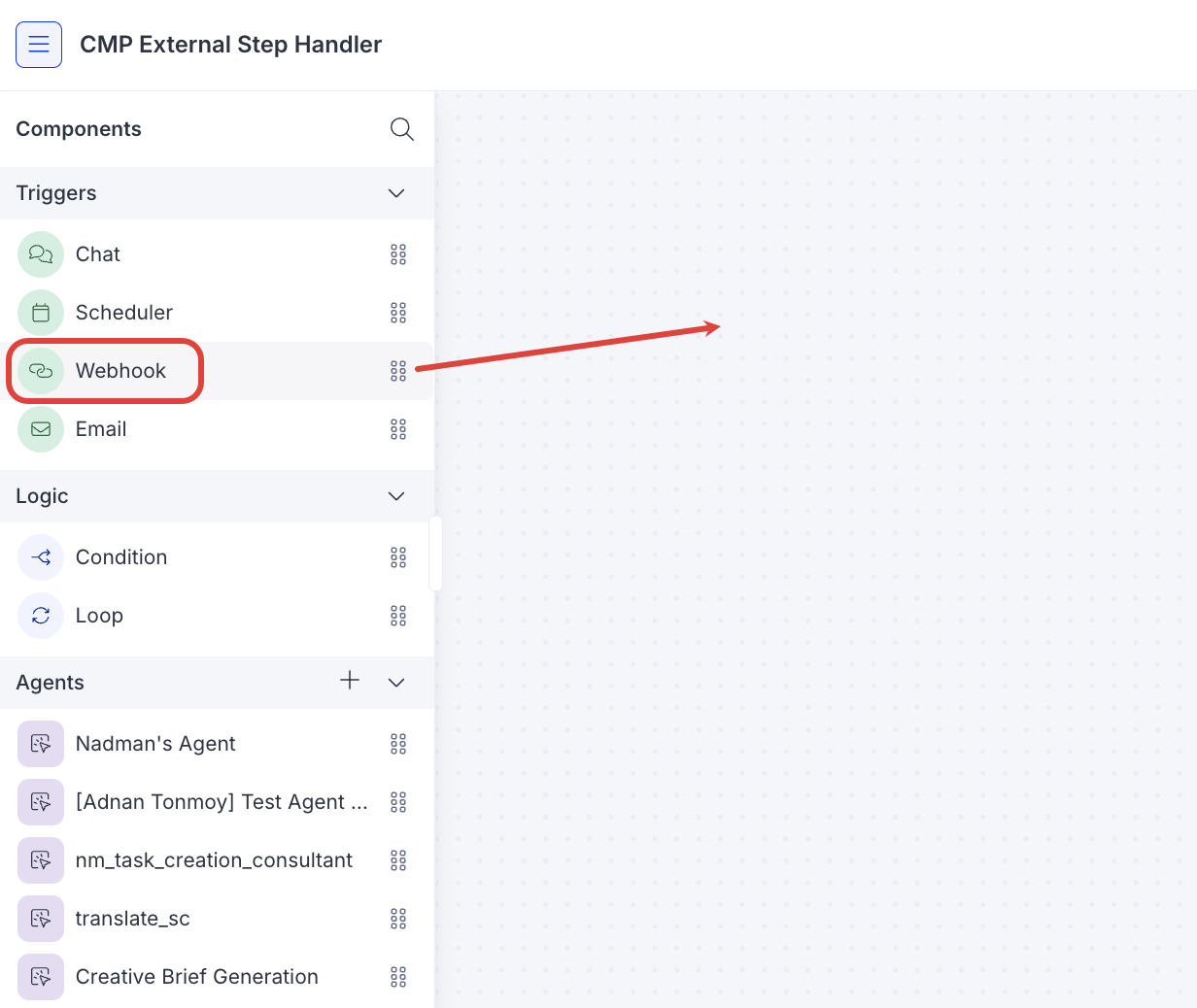 Screenshot of the Opal workflow editor showing a Webhook trigger block added to the canvas