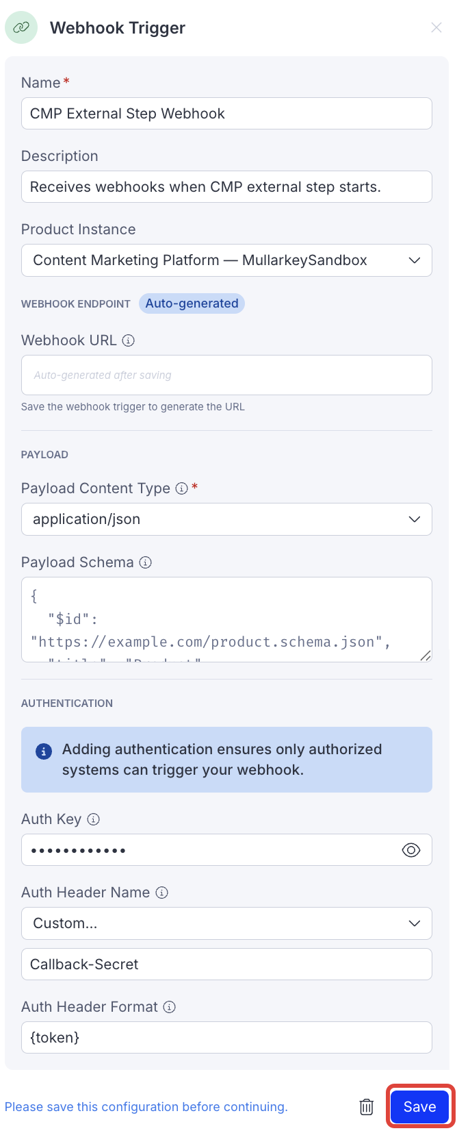 Screenshot of the Opal Webhook trigger configuration panel with all fields completed, including Auth Key, Auth Header Name set to Custom, and Auth Header Format set to {token}