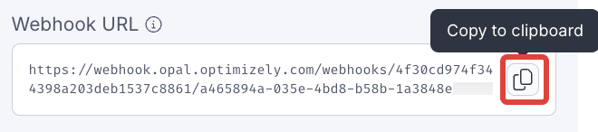Screenshot of the Opal webhook URL field with the Copy to clipboard button