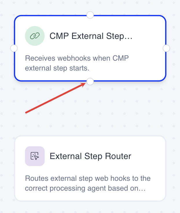 Screenshot of the Opal workflow editor showing the CMP External Step Handler webhook with its connector circle highlighted for dragging