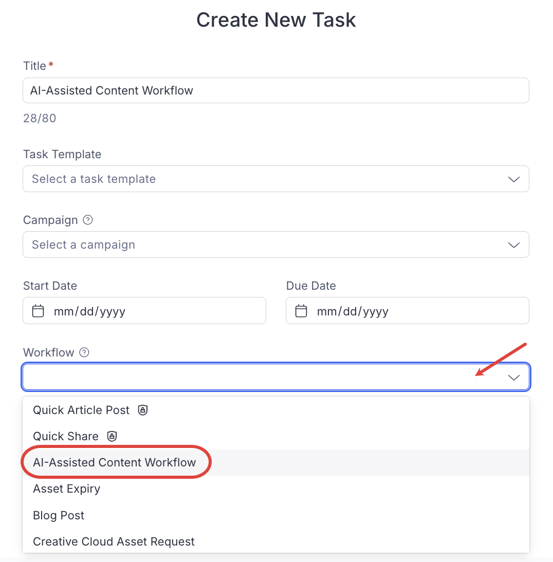Screenshot of the CMP new task creation dialog showing the Workflow field with AI-Assisted Content Workflow selected