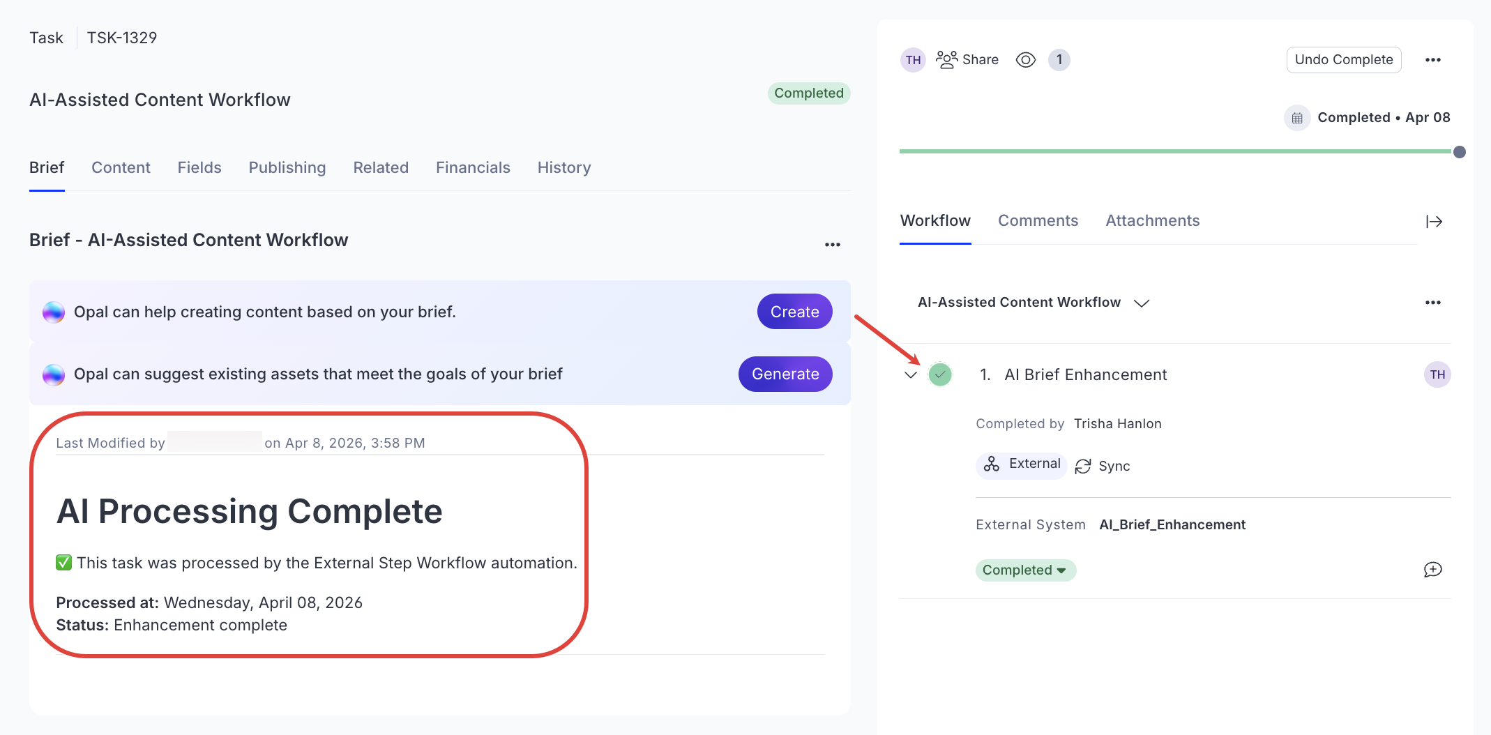 Screenshot of CMP task view showing the AI Brief Enhancement workflow step marked complete and the task brief updated with the AI processing confirmation section