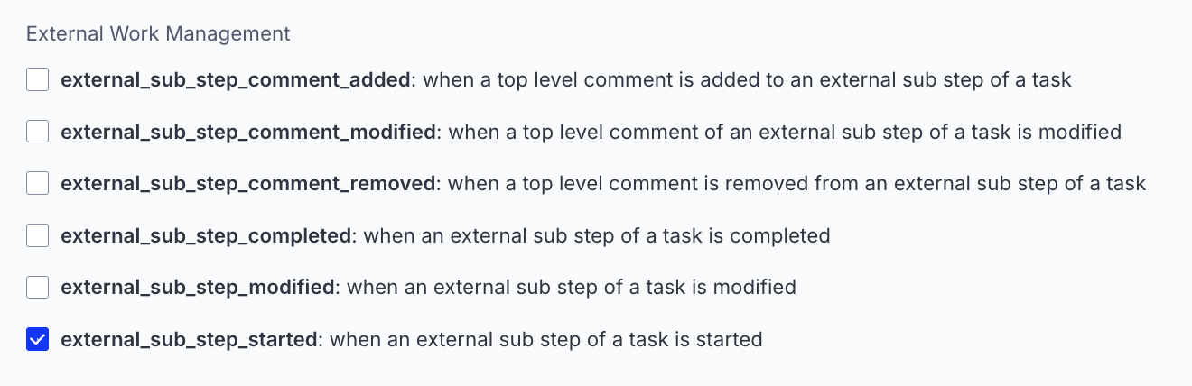 Screenshot of the CMP webhook event list with the external_sub_step_started checkbox selected
