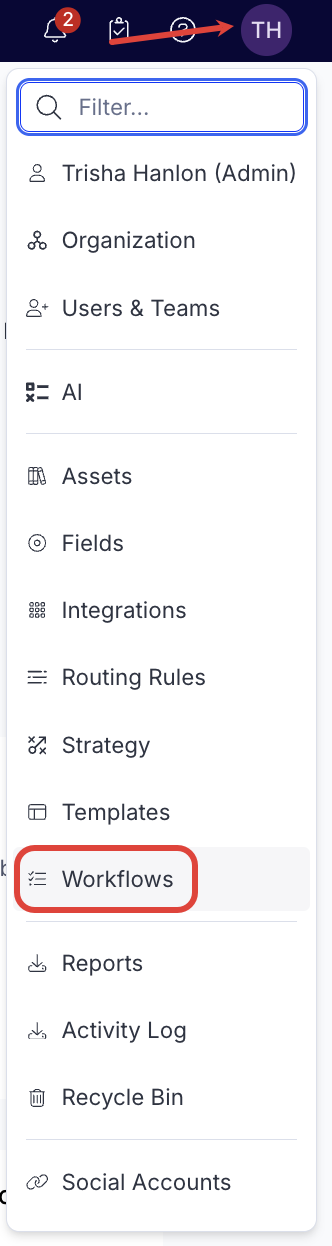 Screenshot of the CMP Settings menu with Workflows highlighted
