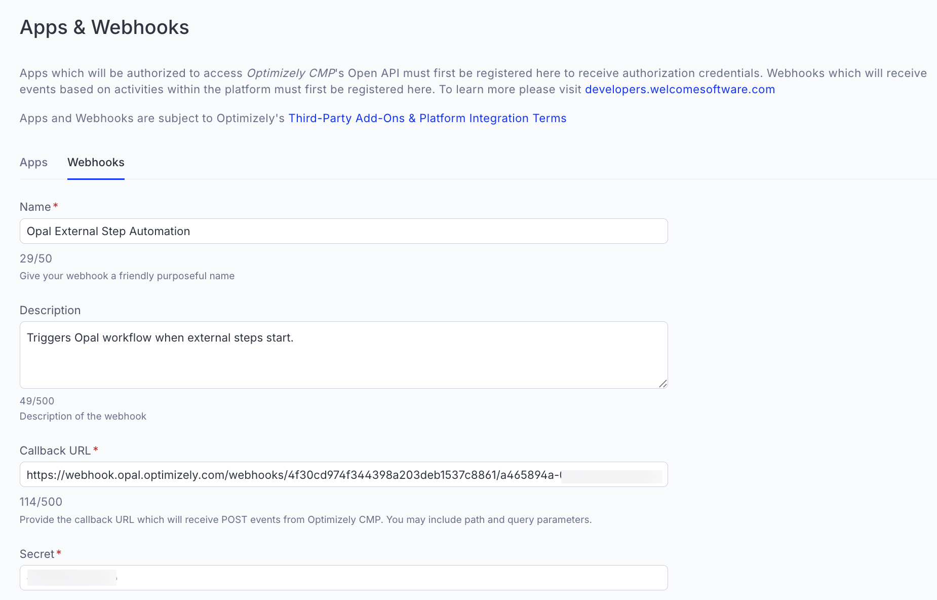 Screenshot of the CMP General Webhook configuration form showing the Callback URL and Secret fields completed