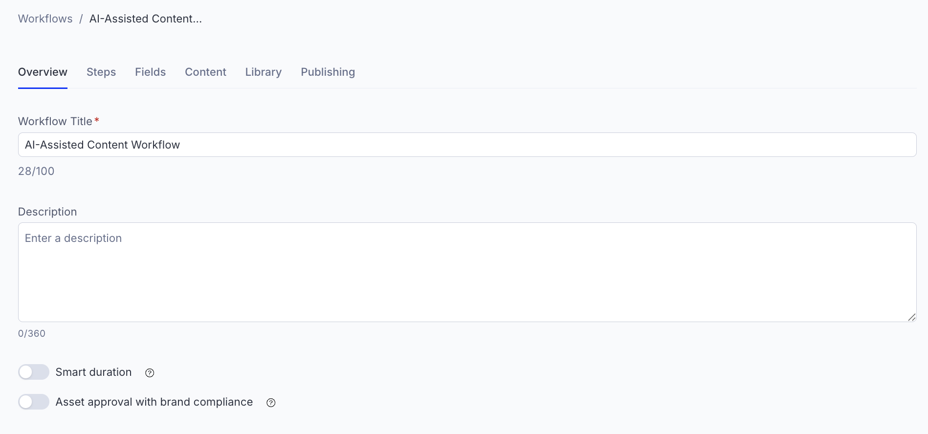 Screenshot of the CMP Add Workflow form with AI-Assisted Content Workflow entered in the Workflow Title field