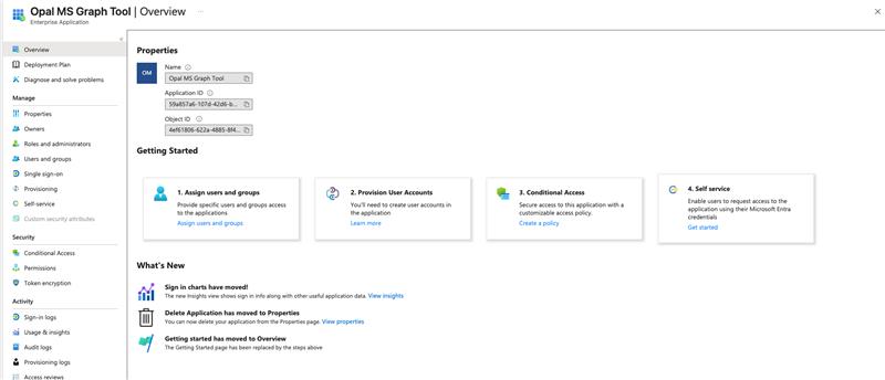 Opal Microsoft Tool enterprise application overview in Microsoft Entra Admin Center