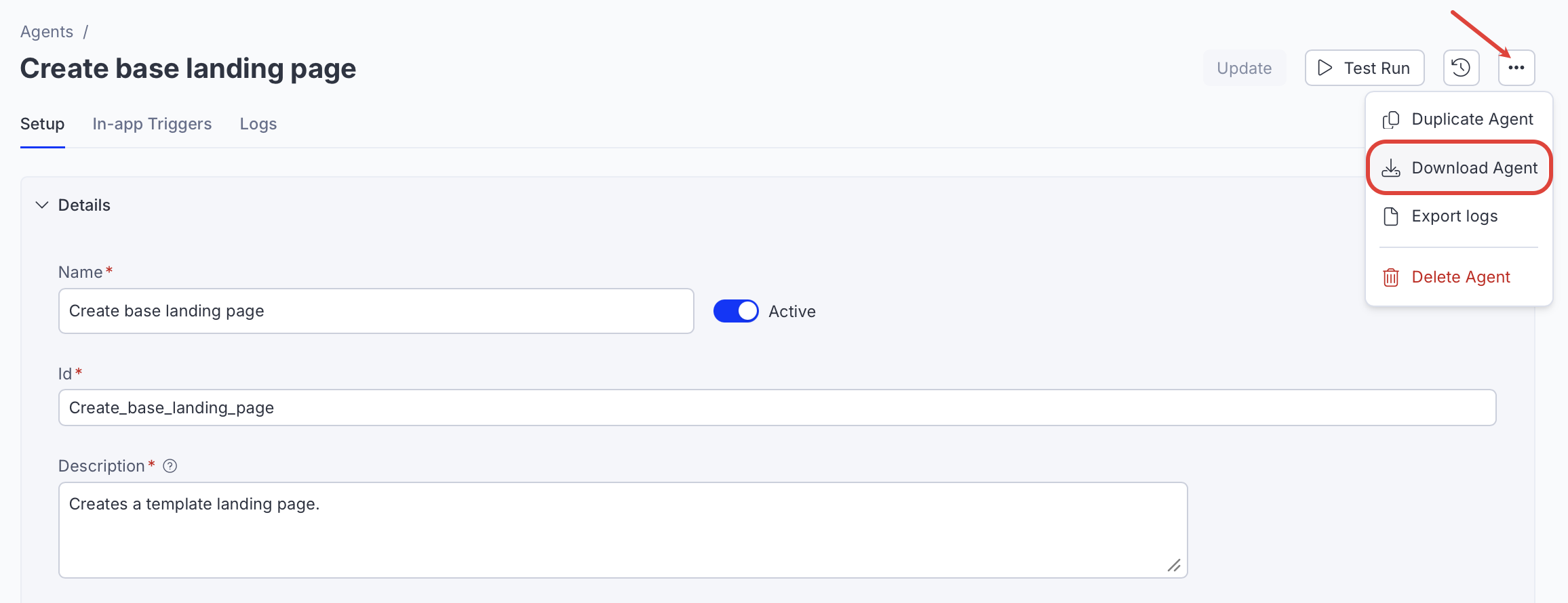 Screenshot of the agent details page showing the More menu with Download agent highlighted