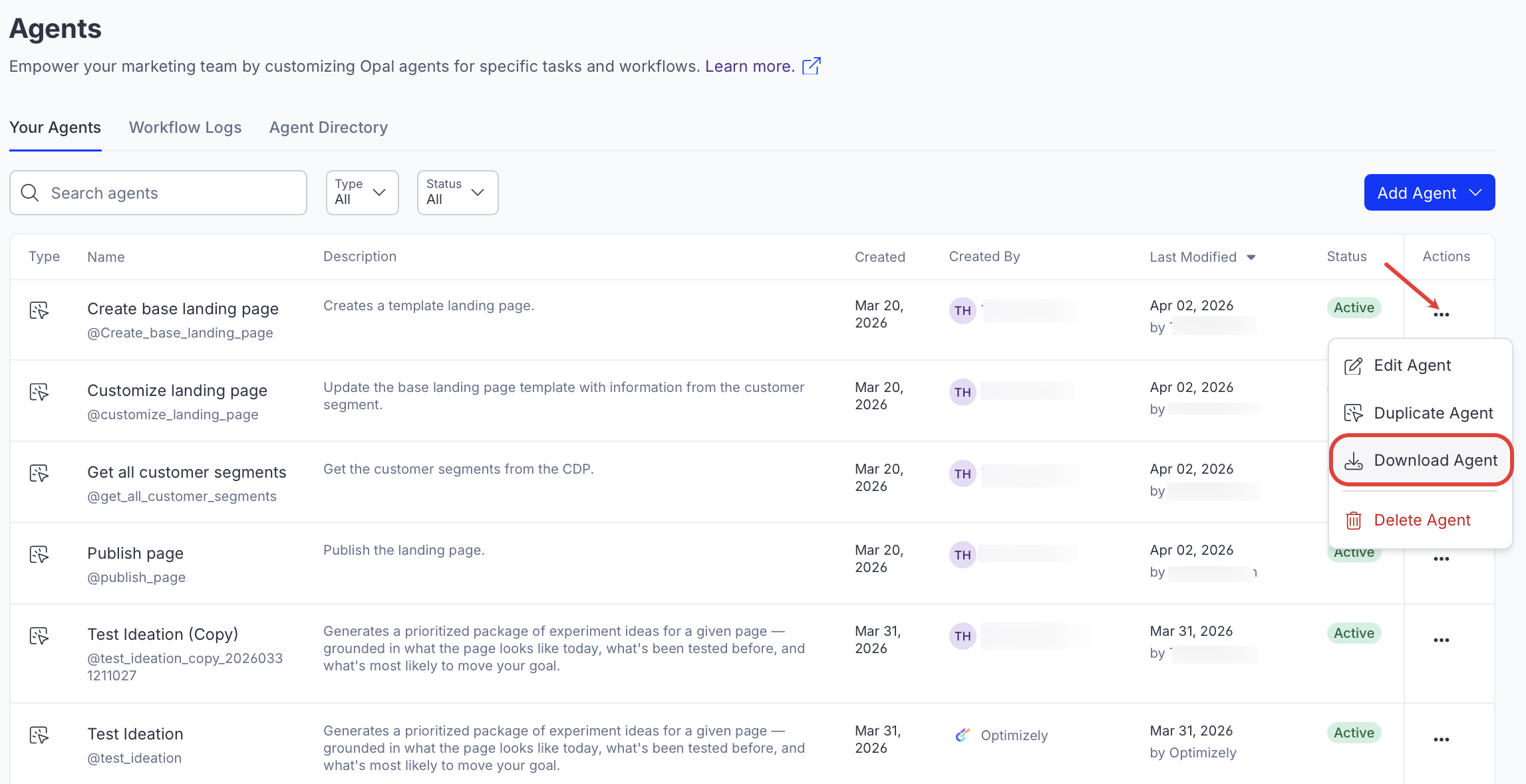 Screenshot of the Agents page showing the More menu with Download Agent highlighted