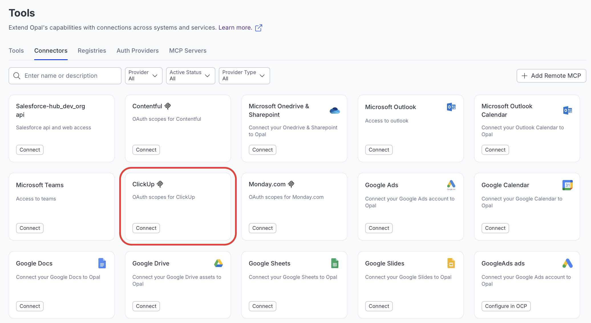 Screenshot of the Opal Connectors tab showing the ClickUp connector tile available for user authentication
