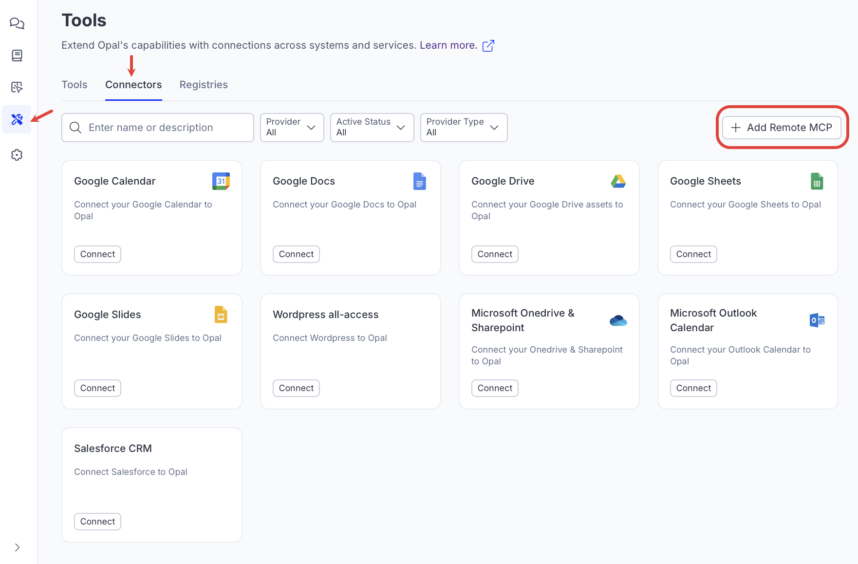 Screenshot of the Opal Connectors page where the Add Remote MCP button is visible