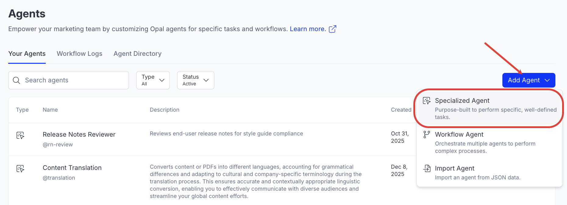 Screenshot of the Add Agent menu showing the Upload Agent option