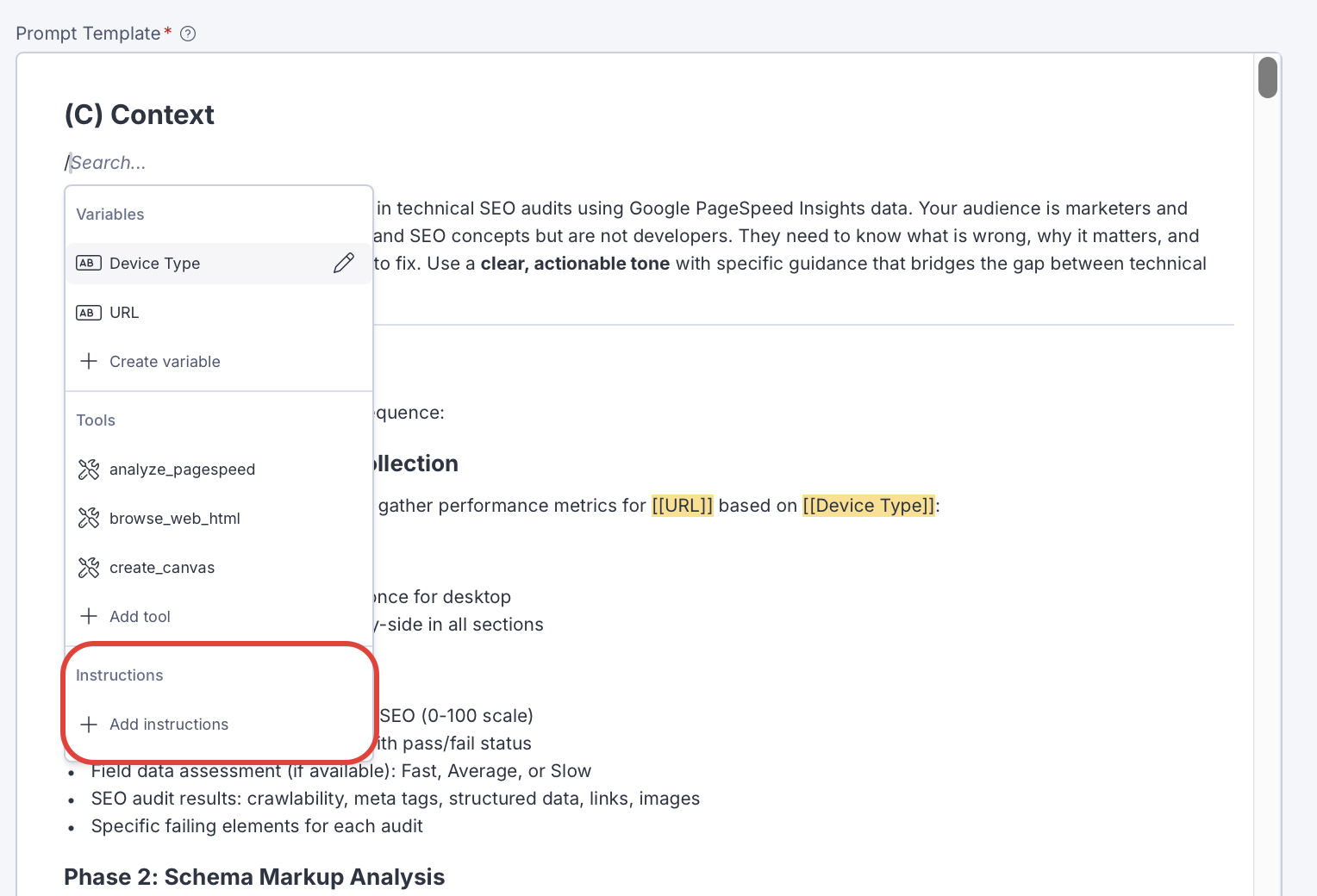 Screenshot of adding instructions to a prompt in a specialized agent