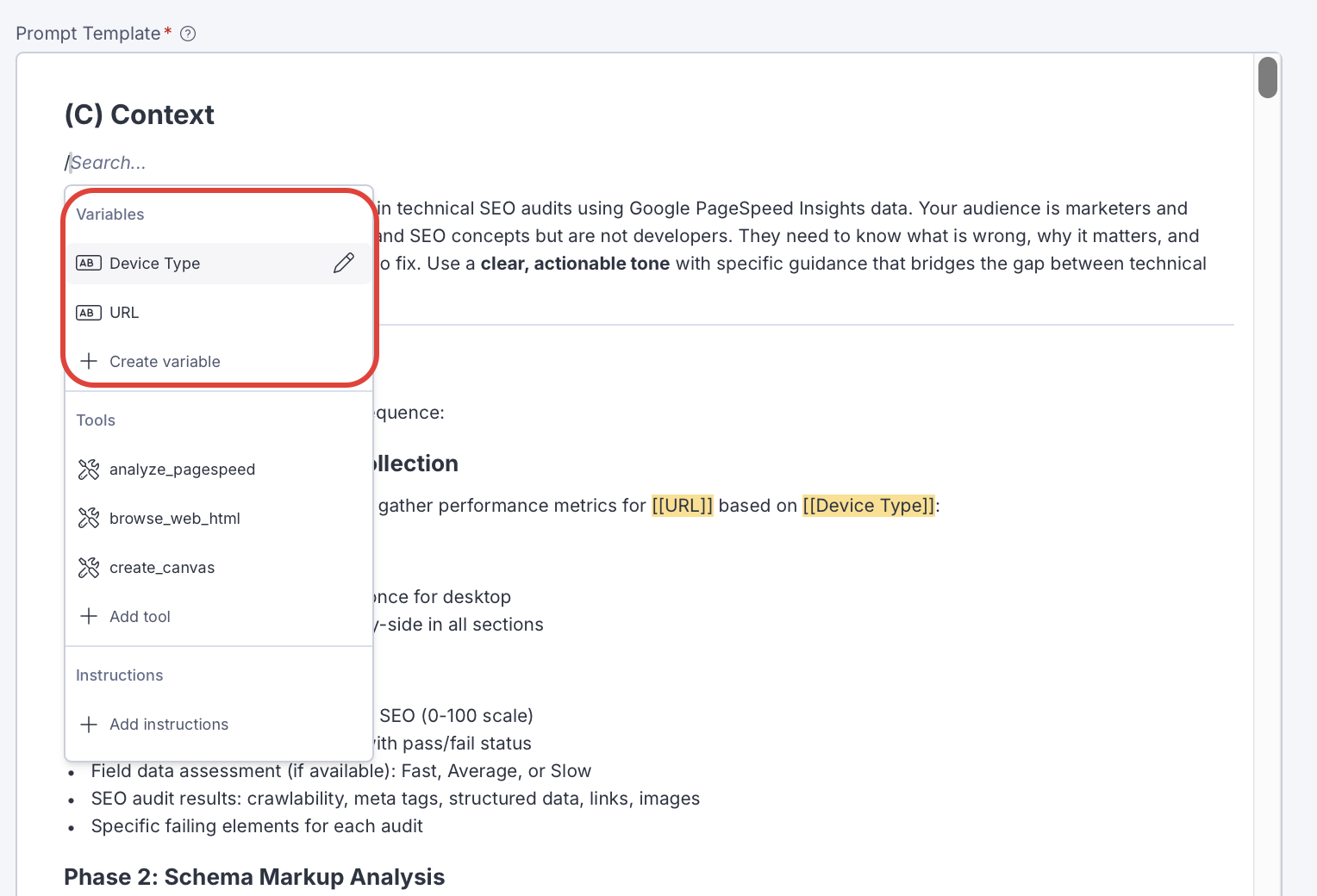 Screenshot of adding a variable to a prompt in a specialized agent