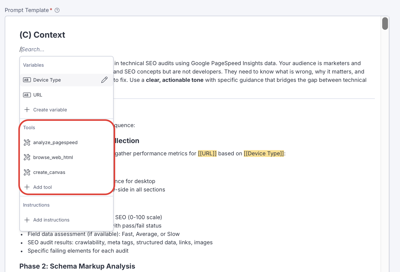 Screenshot of adding a tool to a prompt in a specialized agent