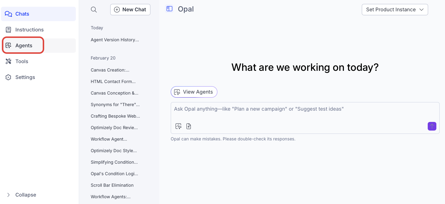 Screenshot of the Agents page in Opal where the list of agents is displayed