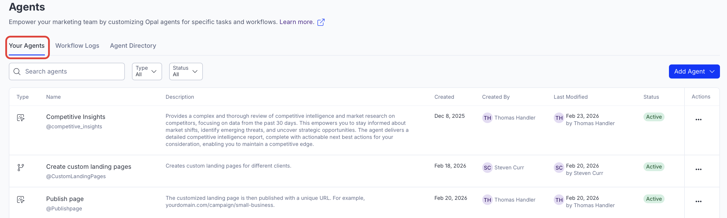 Screenshot of the Agents page in Opal where the Your Agents tab is selected