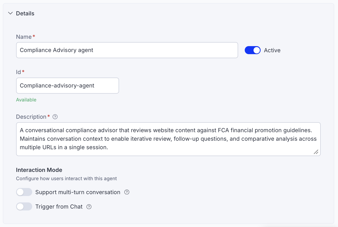 Screenshot of the Compliance Advisory agent Details section showing Multi-turn toggled on and Enabled in Chat toggled on