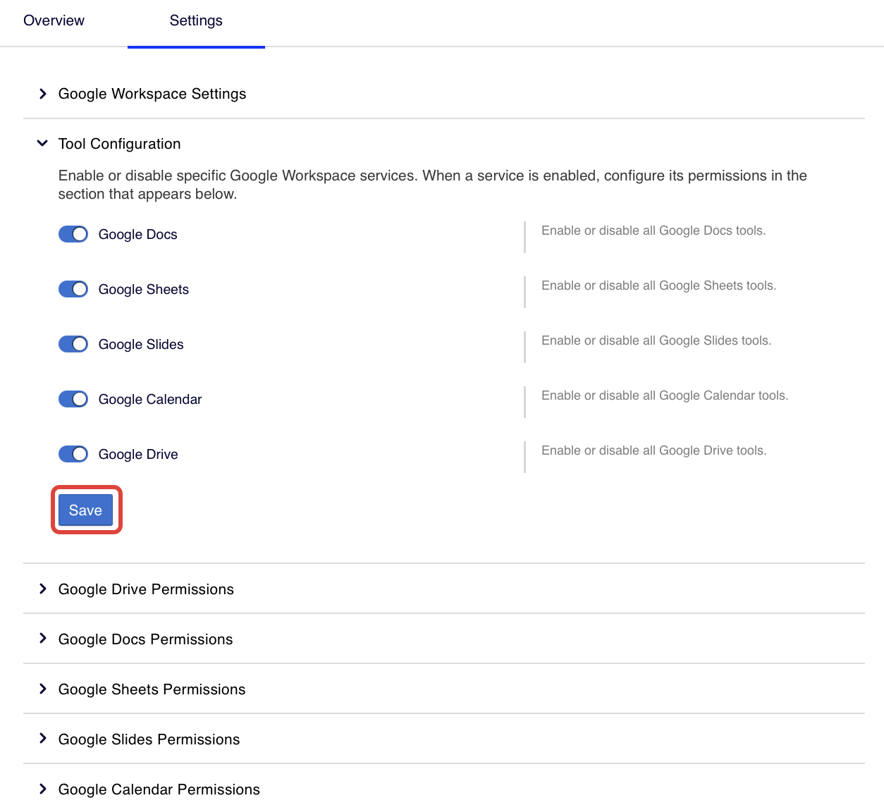 Screenshot of the Tool Configuration section in OCP where individual Google Workspace service toggles are visible
