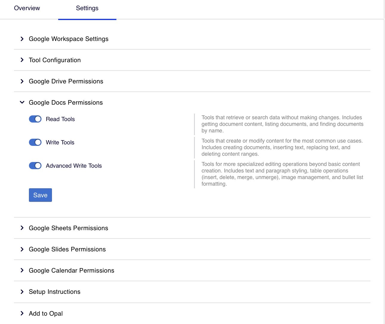 Screenshot of expanded permissions sections in OCP where individual tool toggles are visible for a Google Workspace service