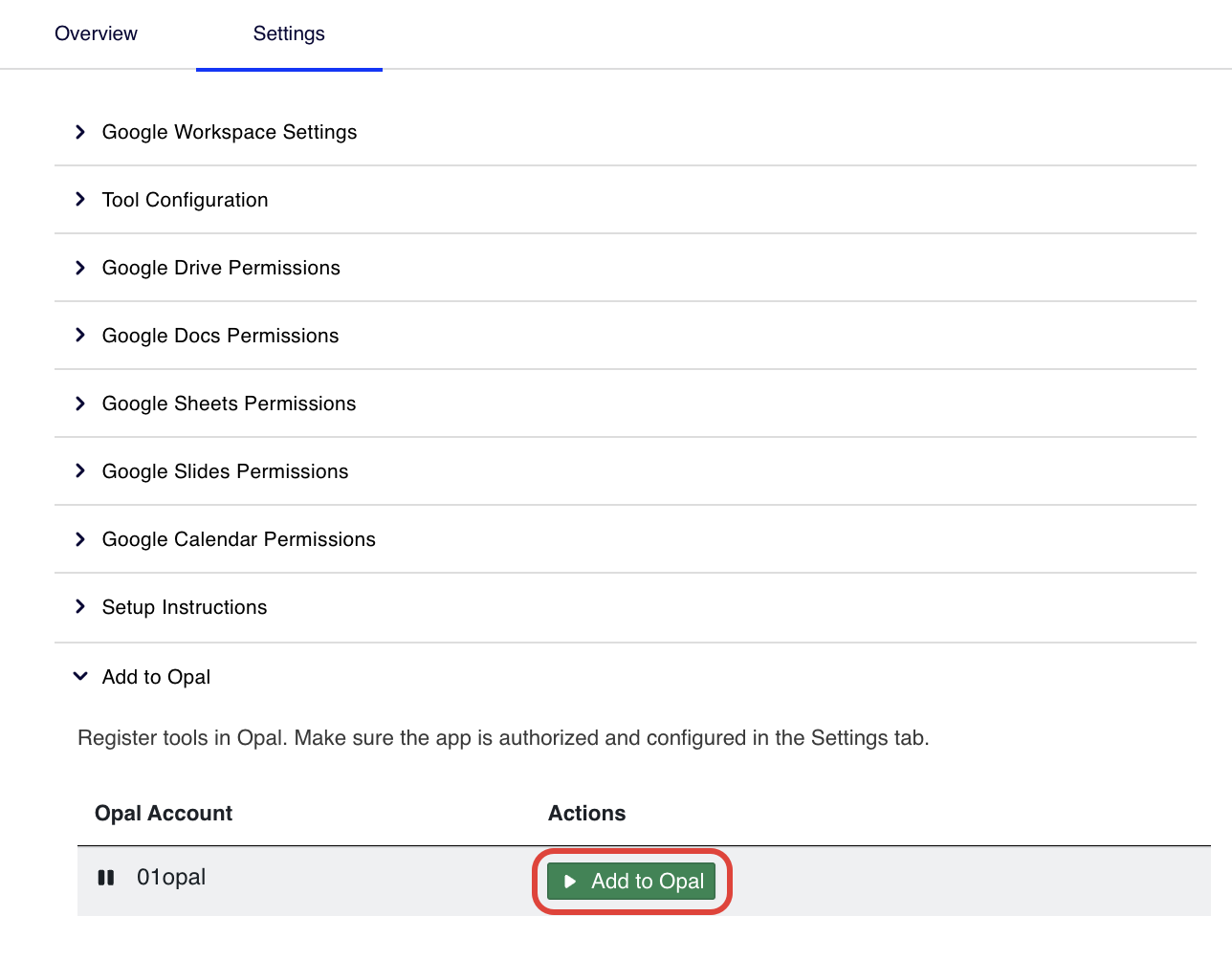 Screenshot of the Add to Opal section in OCP where the Add to Opal button is highlighted