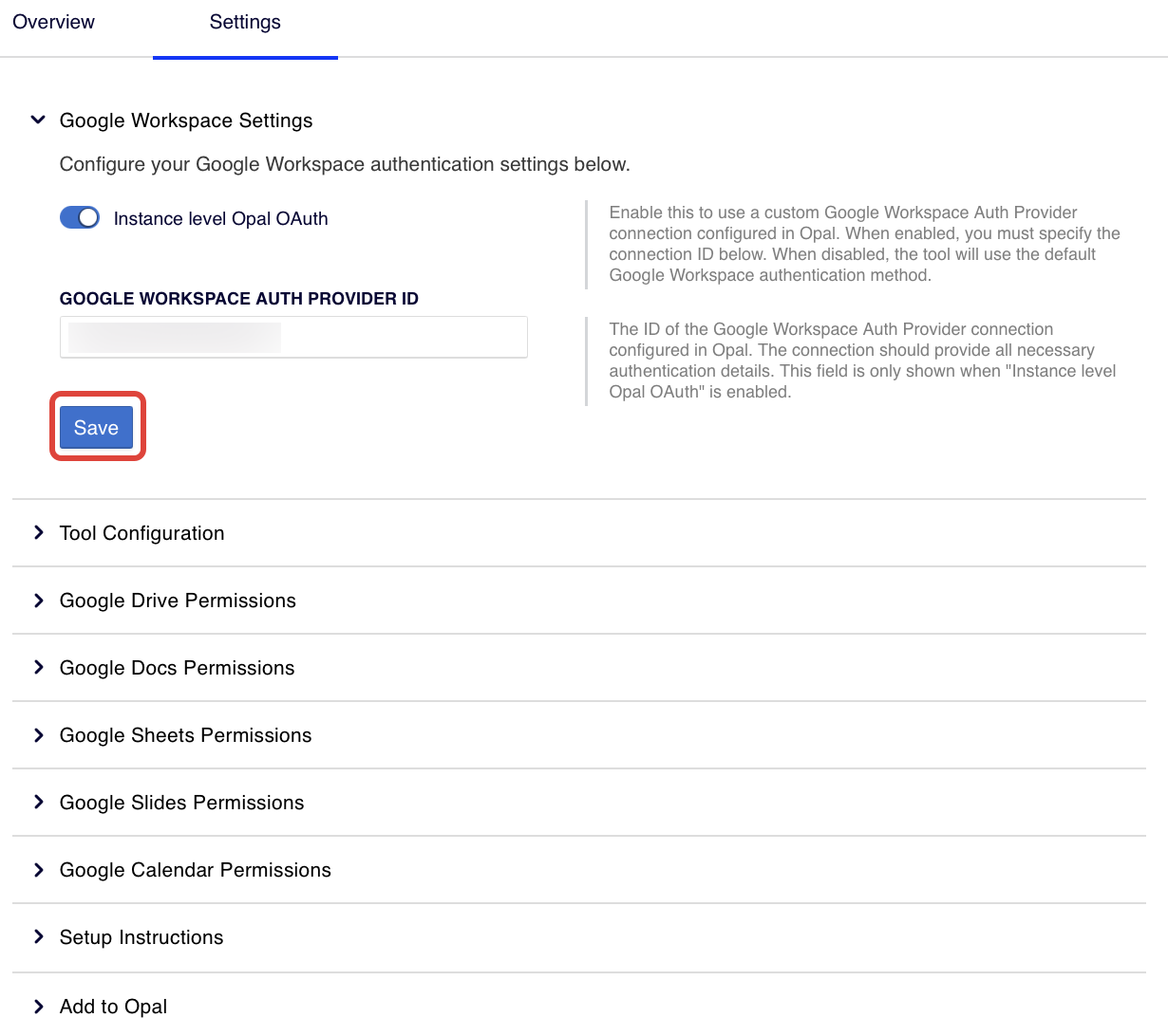 Screenshot of Google Workspace Settings in OCP where the Instance level Opal OAuth toggle and Google Workspace Auth Provider ID field are visible