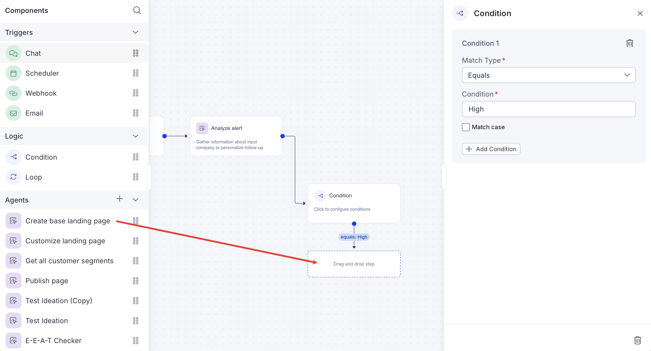 Screenshot of the Condition panel showing the Drag and drop step section where the next agent is dropped