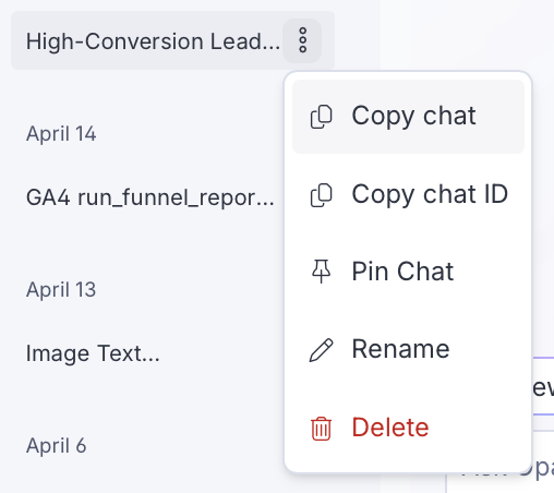 Screenshot of the chat thread options menu in Opal Chat showing options to copy the chat, copy the chat ID, rename the thread, and delete the chat thread