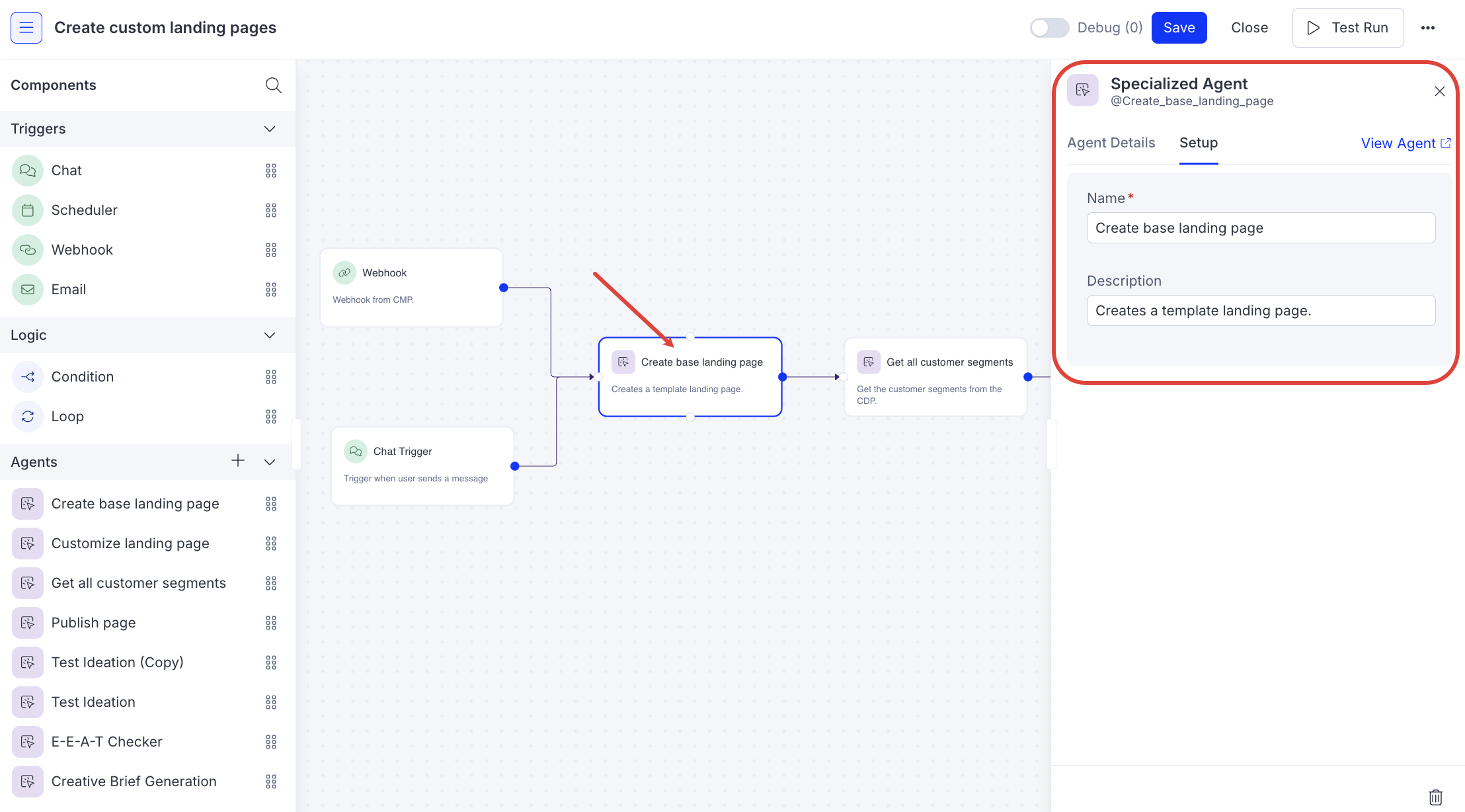 Screenshot of the workflow agent builder in Opal showing an individual agent selected with its details panel open