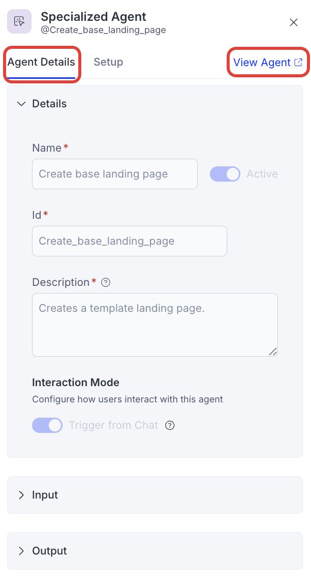 Screenshot of the agent details panel in the workflow agent builder showing the Agent Details tab and View Agent option