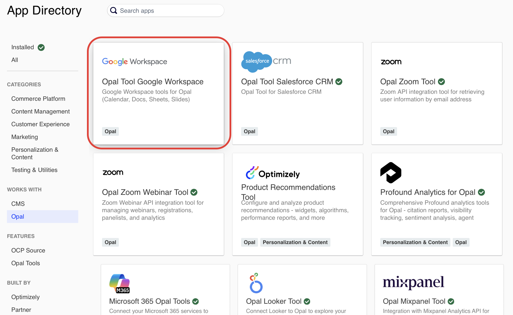 Screenshot of OCP App Directory where the Google Workspace Tool for Opal connector is highlighted