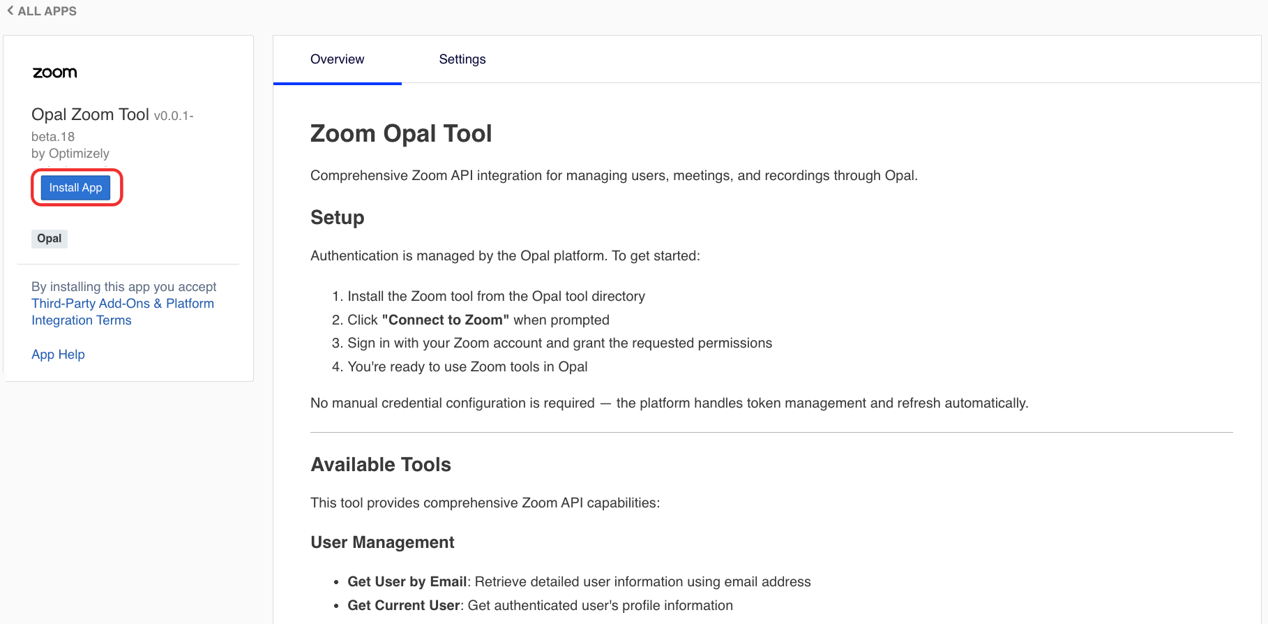 Screenshot of OCP Opal Zoom Tool page where Install App button is highlighted.