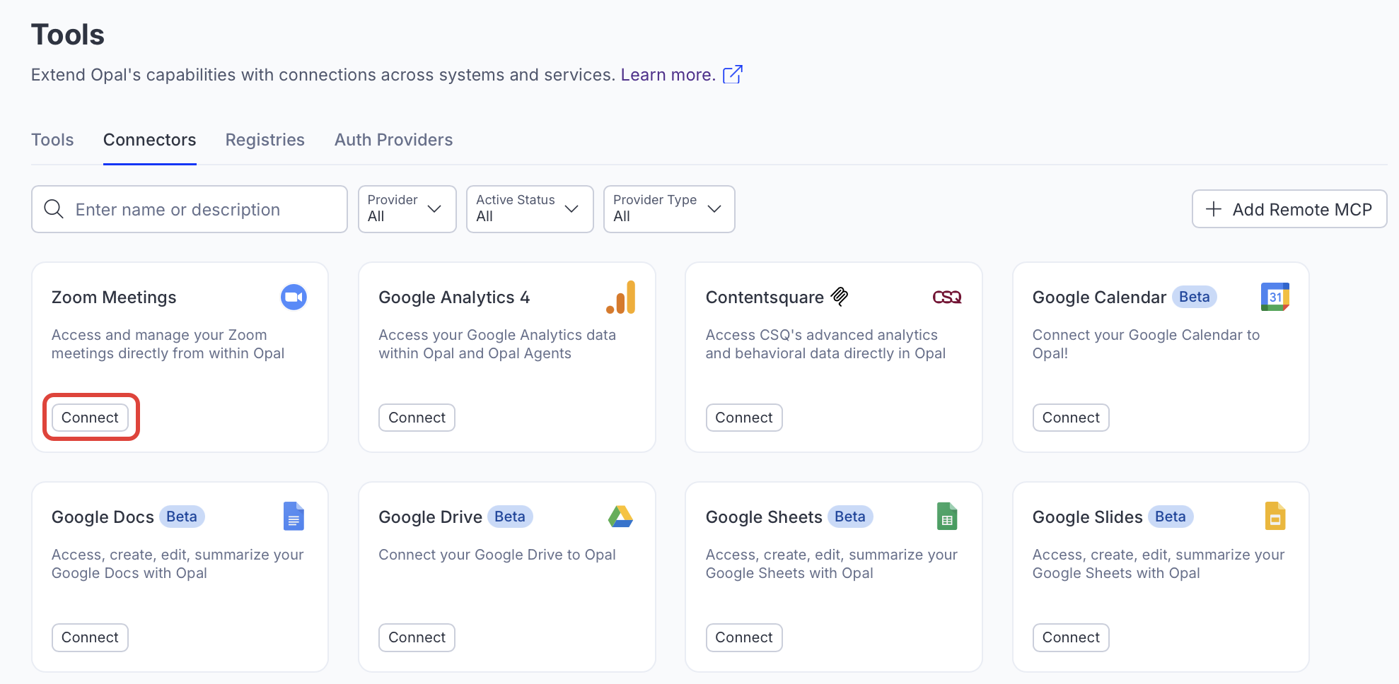 Screenshot of Opal Connectors page where Connect button for Zoom Meetings is highlighted.