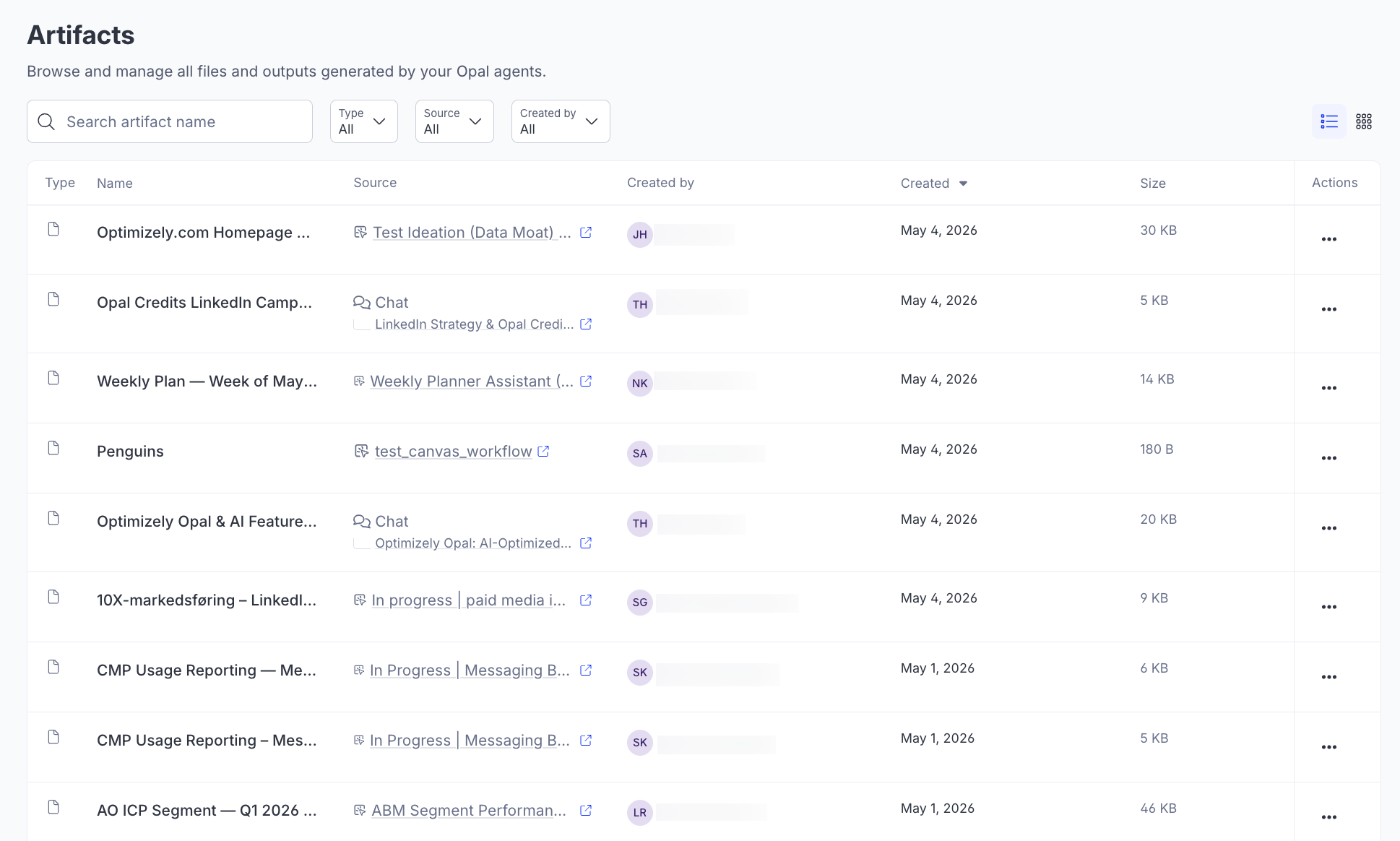 Screenshot of the Artifacts page in list view where canvases and files from conversations, agent executions, and workflow runs display in a sortable table