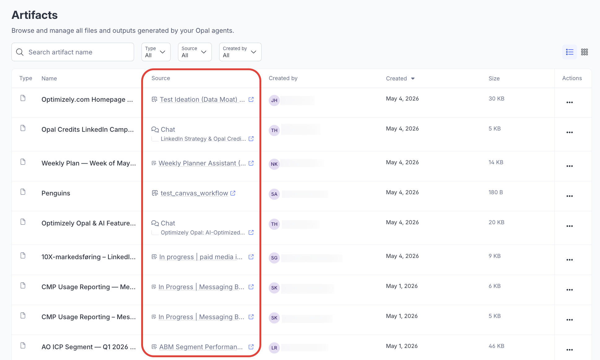 Screenshot of the Artifacts page source column where Chat and Agent labels link to the originating thread or execution for each artifact.
