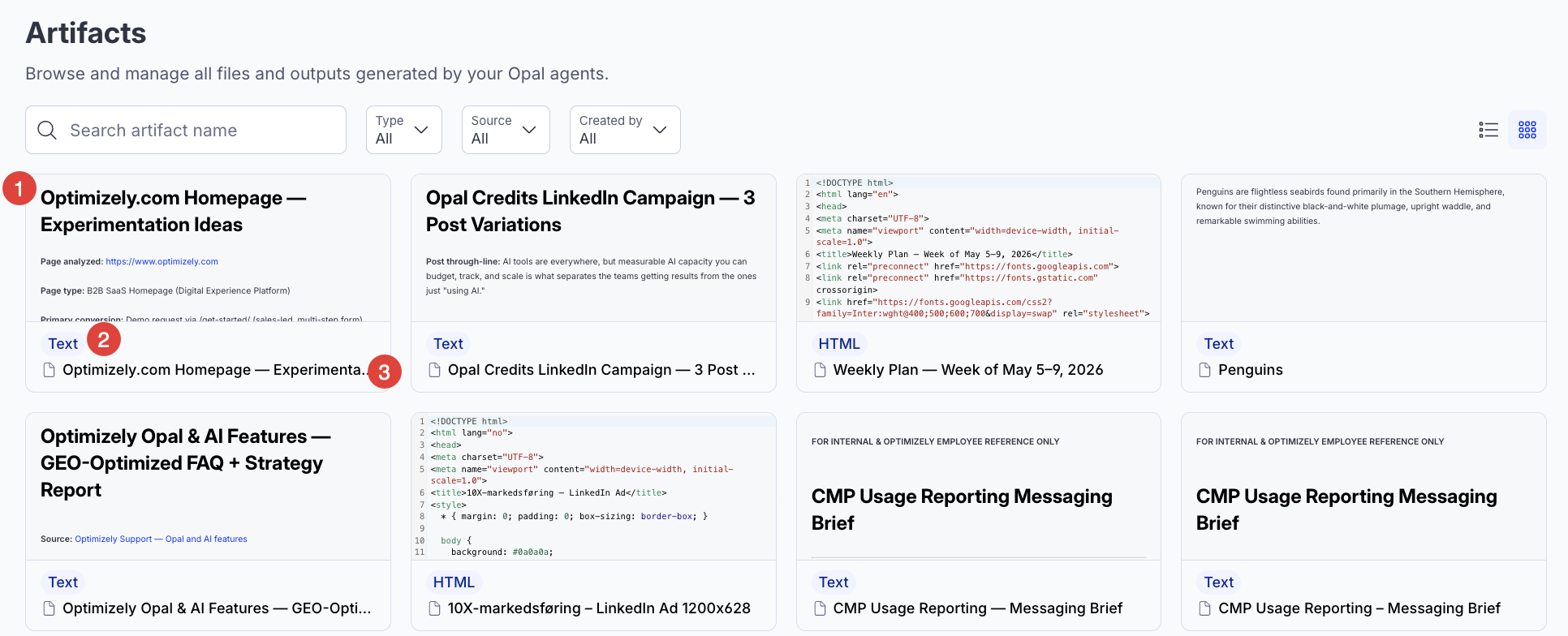 Screenshot of the Artifacts page in grid view where artifacts display as cards with preview thumbnails, type badges, and file names.