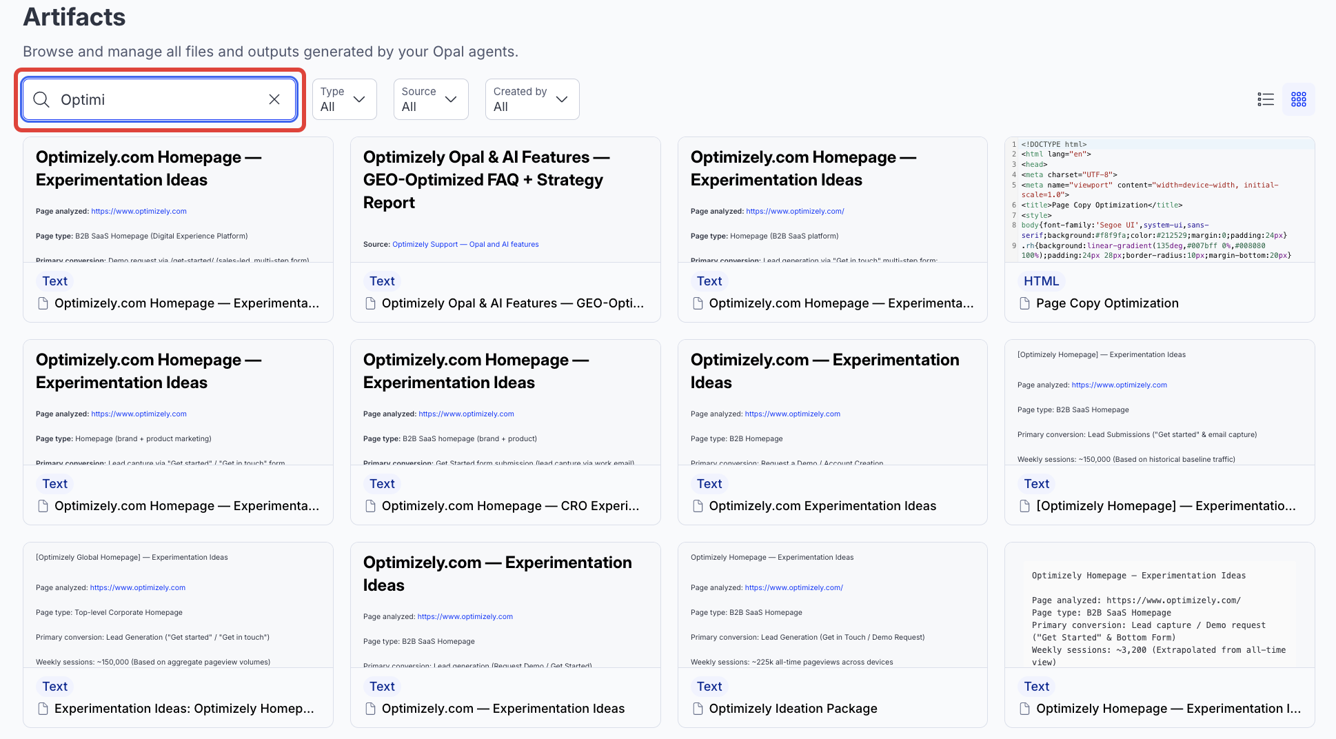 Screenshot of the Artifacts page search field where a user types to filter the results list by artifact file name.