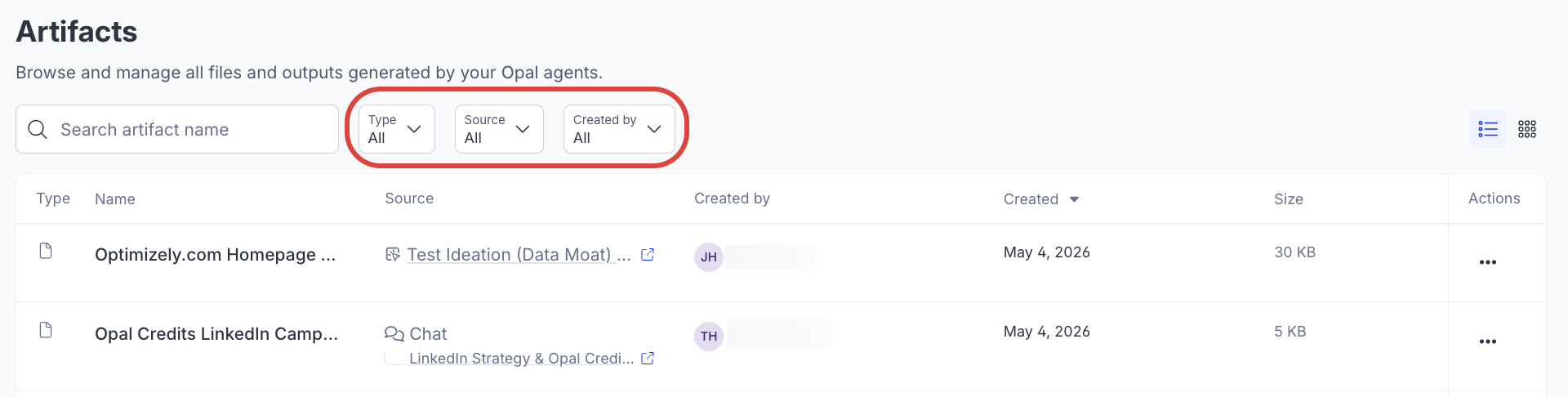 Screenshot of the Artifacts page with the filters highlighted.