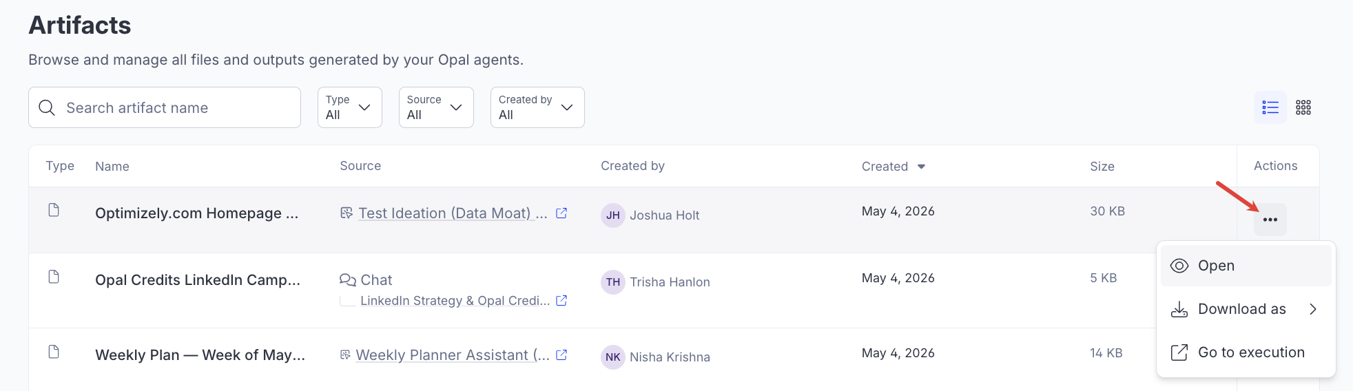 Screenshot of the Artifacts page with the Actions highlighted with an arrow.