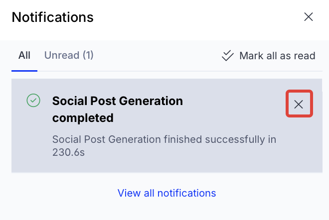 Screenshot of notifications tray notification where the Dismiss control is visible on hover