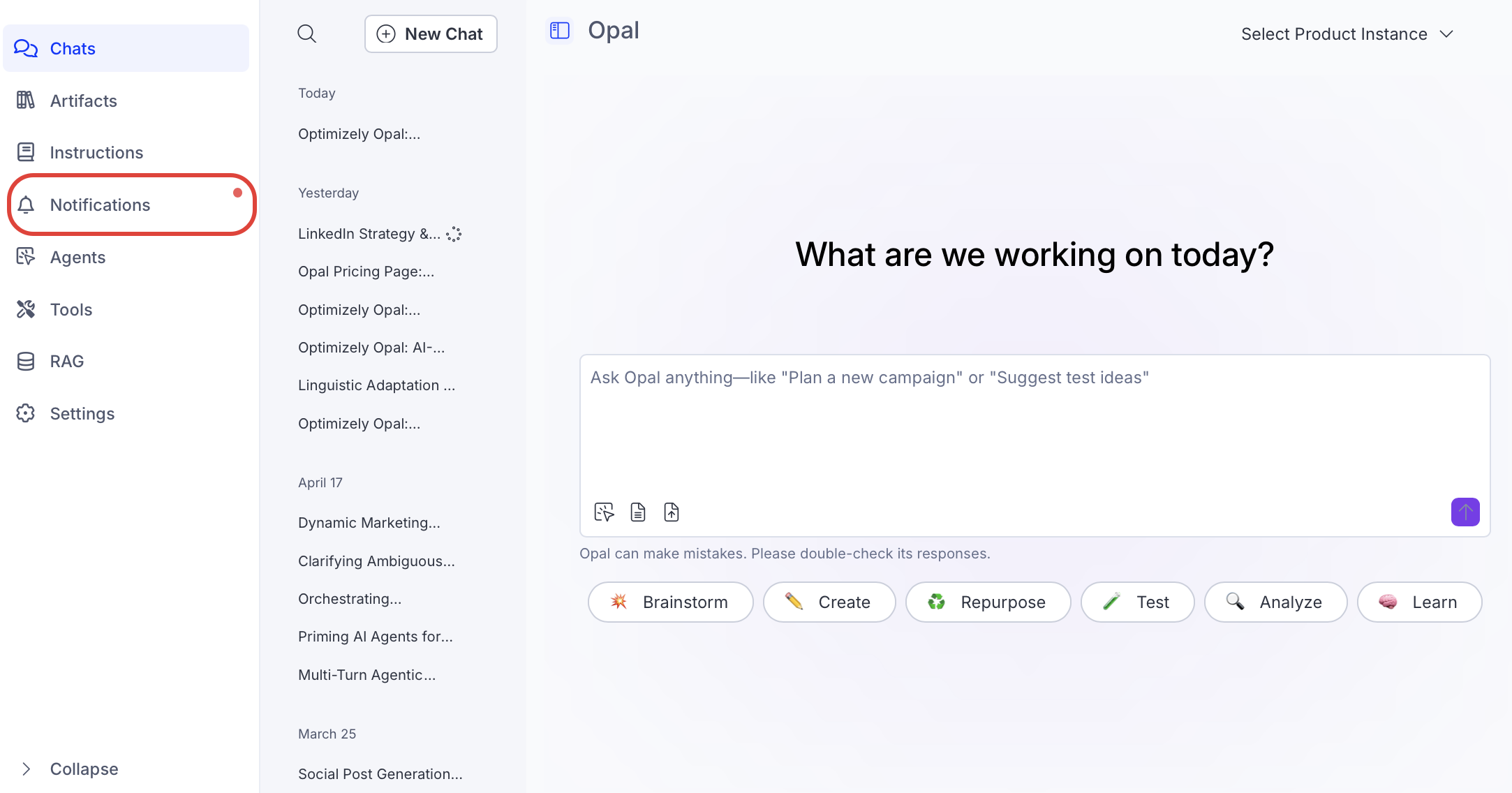 Screenshot of Opal navigation where Notification Center tab is highlighted